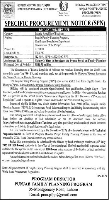 Health & Population Department Lahore Tender Notice